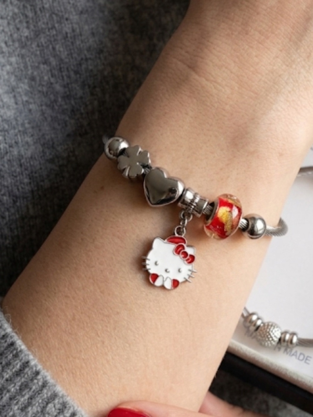 Christmas Stainless Steel Kitty Charm Bangle Bracelet